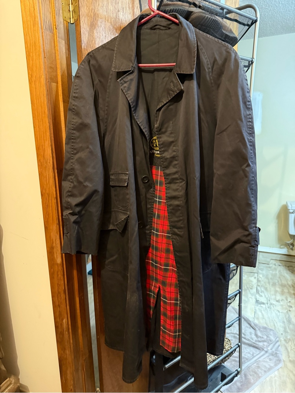 Men's Long Black Trench Coat with Red Tartan Lining